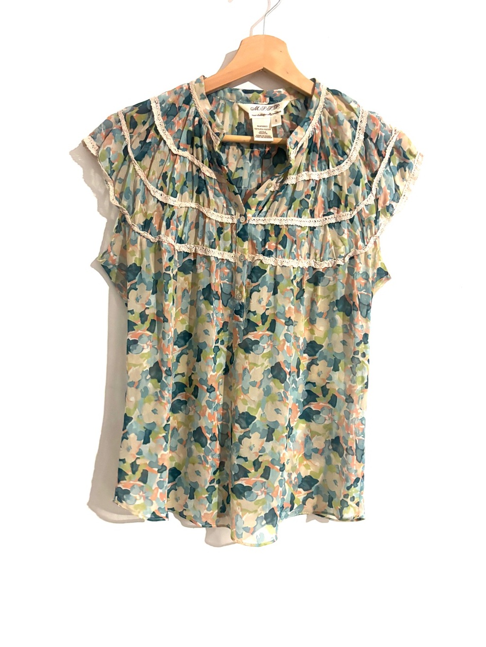 MSSP Max Studio Size S Cottagecore Seafoam Floral Ruffle Blouse Boho
